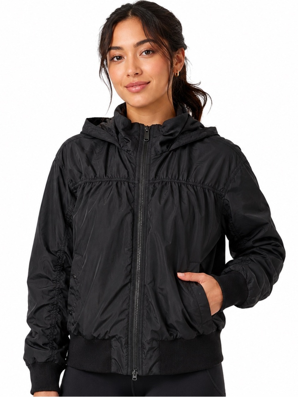 Athleta Point Reyes II Bomber Jacket Womens Large Black Hooded Full Zip